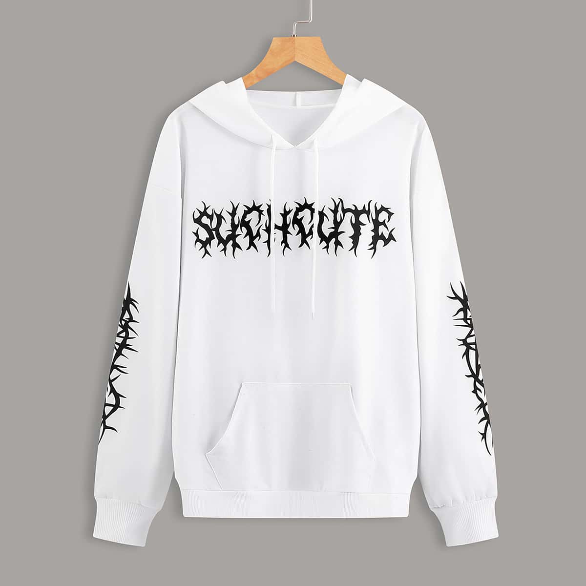 

Letter Graphic Kangaroo Pocket Drawstring Hoodie, White