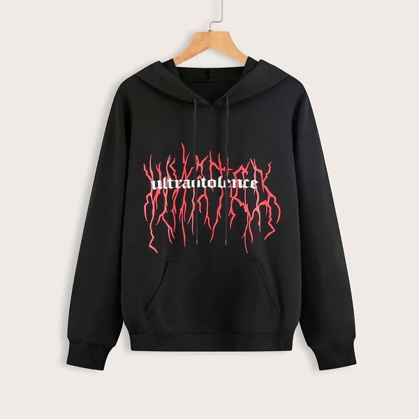 

Letter Graphic Kangaroo Pocket Drawstring Hoodie, Black