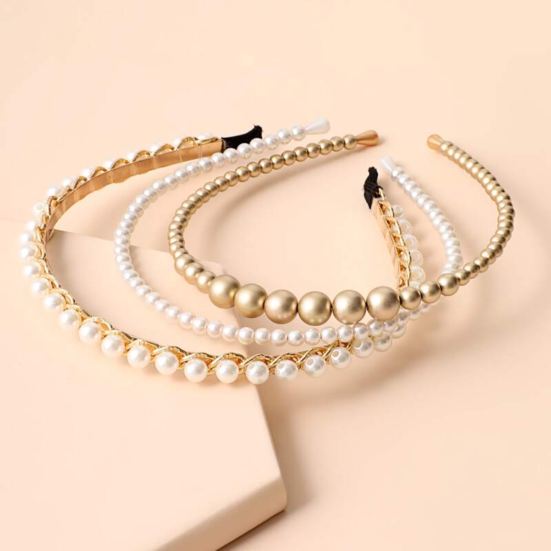 

3pcs Faux Pearl Decor Hair Hoop, Gold