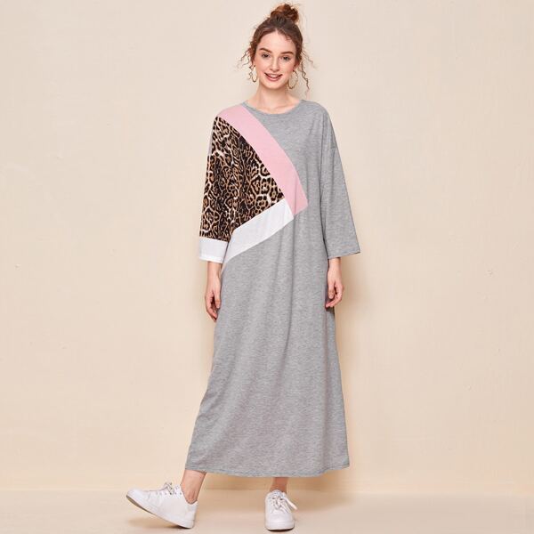 

Drop Shoulder Leopard Panel Dress, Grey