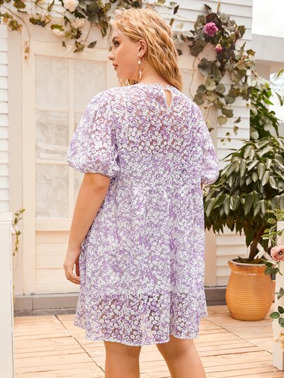 Plus Puff Sleeve Lace Neck Embroidery Mesh Dress