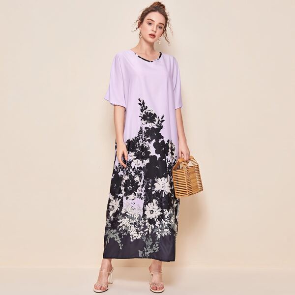 

Batwing Sleeve Floral Print Dress, Lilac purple