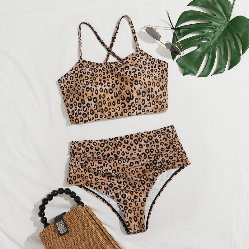 

Leopard Lace-up High Waisted Bikini Swimsuit, Multicolor
