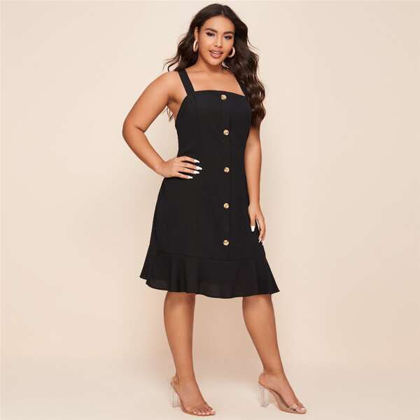 

Plus Button Front Ruffle Hem Criss Cross Backless Dress, Black