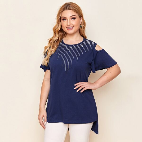 

Plus Rhinestone Cold Shoulder High Low Tee, Navy blue
