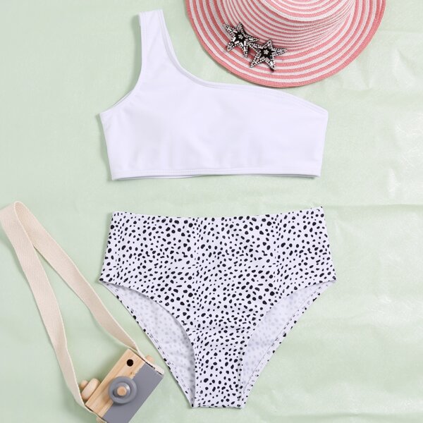 

Girls Dalmatian One Shoulder Bikini Swimsuit, Black and white