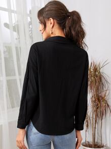 Drop Shoulder Button Front Blouse - Black - View 2
