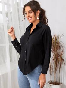 Drop Shoulder Button Front Blouse - Black - View 3