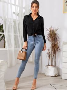 Drop Shoulder Button Front Blouse - Black - View 5