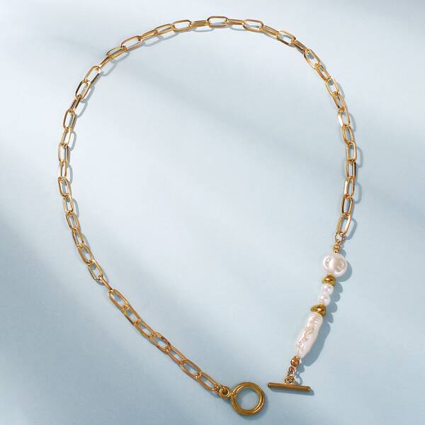

Faux Pearl Decor Chain Necklace, Gold