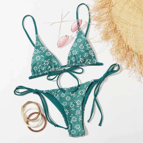 

Floral Micro Triangle Tie Side Bikini Swimsuit, Green