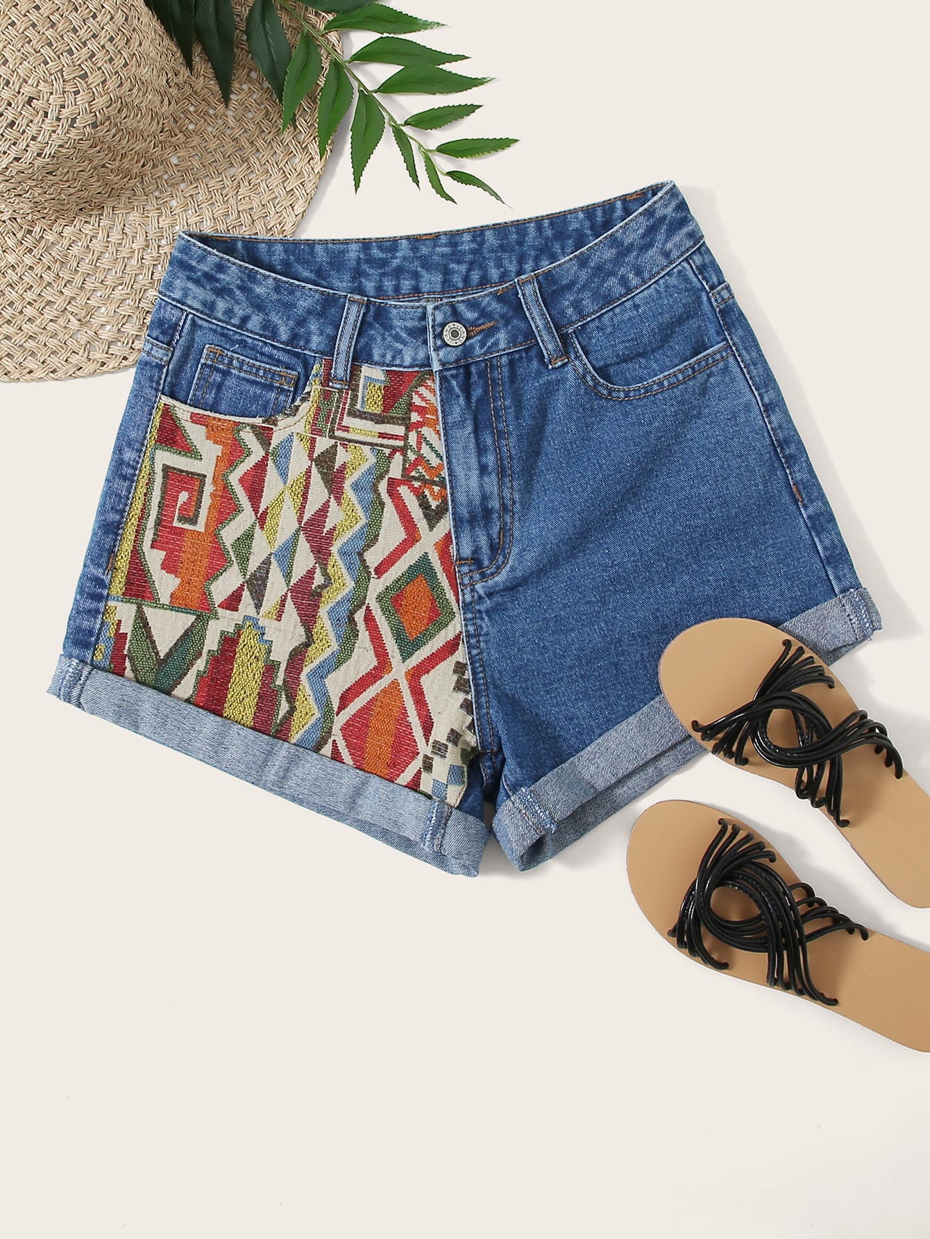 Plus Roll Up Hem Tribal Embroidery Denim Shorts thumbnail