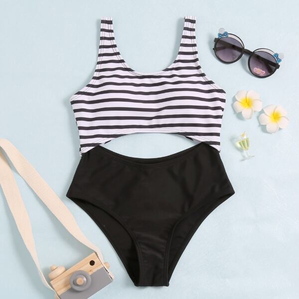 

Girls Striped Cut-out One Piece Swimsuit, Black and white
