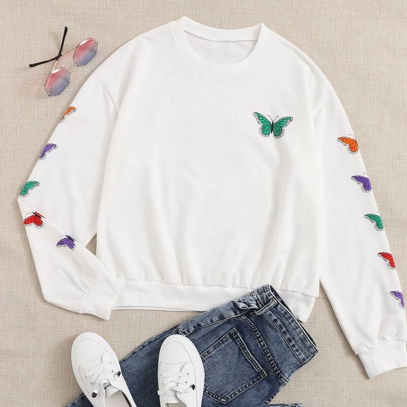 

Butterfly Print Drop Shoulder Sweatshirt, White