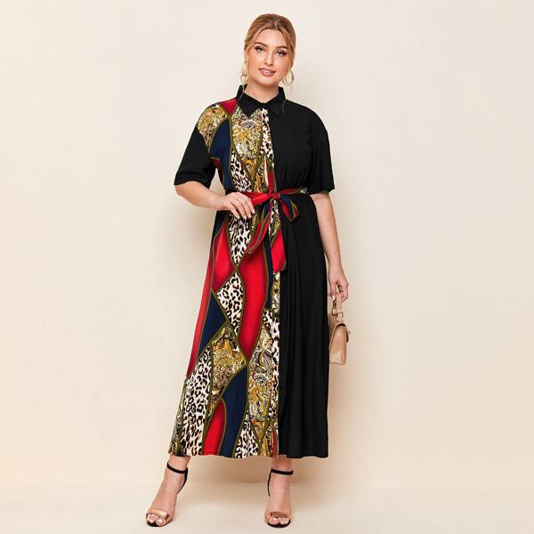 

Plus Leopard And Scarf Print Button Front Belted Dress, Multicolor