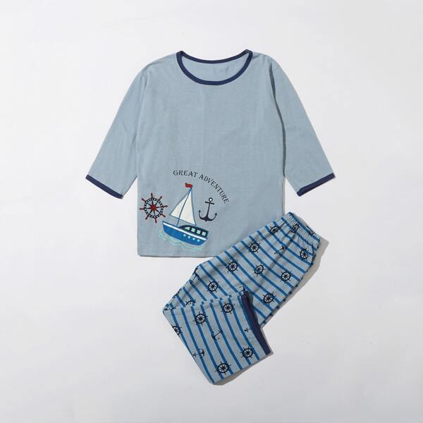 

Boys Letter Graphic Tee With Striped Pants PJ Set, Dusty blue