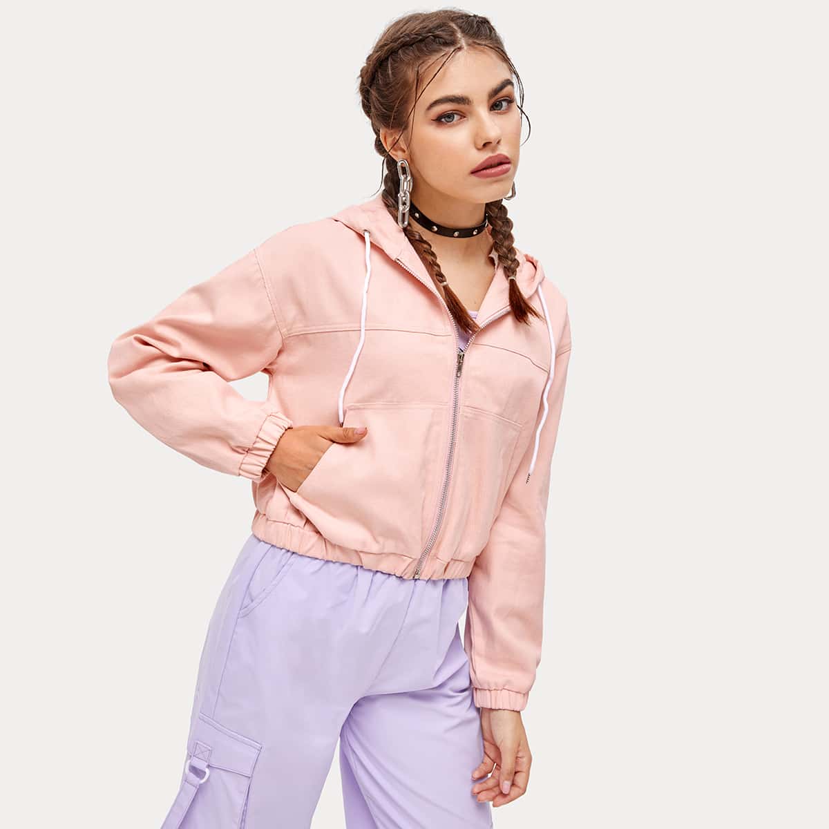 

Solid Zip Up Hooded Crop Jacket, Baby pink