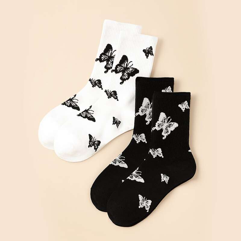 

2pairs Butterfly Pattern Socks, Black and white