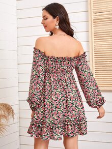 SHEIN 孕婦裝露肩荷葉邊小碎花洋裝 - 彩色 - 查看 2