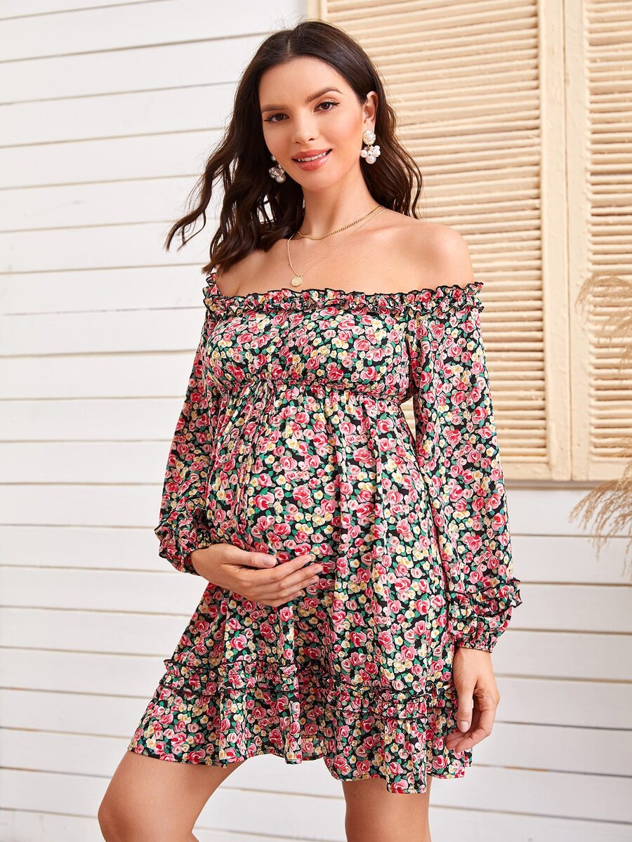 SHEIN 孕婦裝露肩荷葉邊小碎花洋裝 - 彩色 - 查看 1