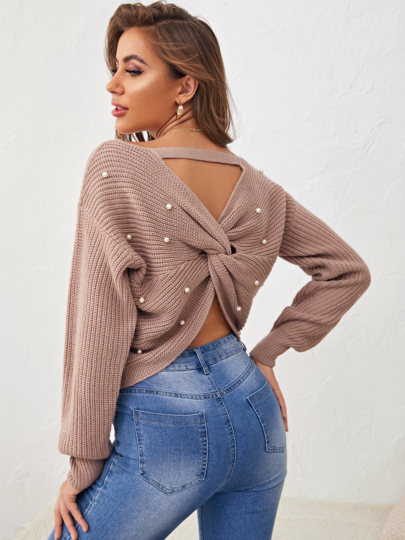 Faux Pearl Accents Twist-Back Sweater thumbnail
