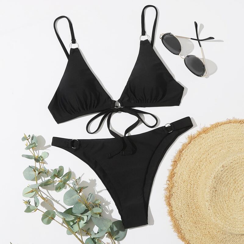 

Ring Linked Tie Back Bikini Swimsuit, Black