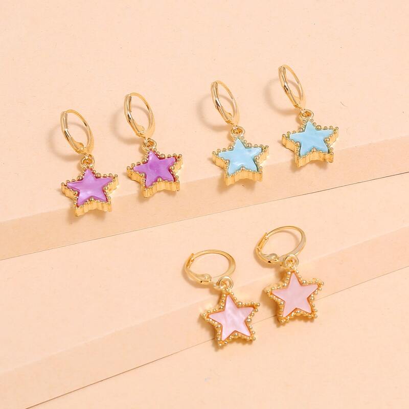 

3pairs Star Round Drop Earrings, Gold