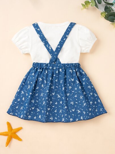 baby girl slogan graphic tee & suspender skirt