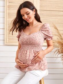 SHEIN Maternity Shirred Waist Ruffle Cuff Ditsy Floral Peplum Top - Dusty Pink - View 1