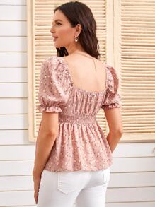 SHEIN Maternity Shirred Waist Ruffle Cuff Ditsy Floral Peplum Top - Dusty Pink - View 2