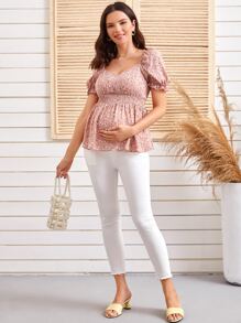 SHEIN Maternity Shirred Waist Ruffle Cuff Ditsy Floral Peplum Top - Dusty Pink - View 4