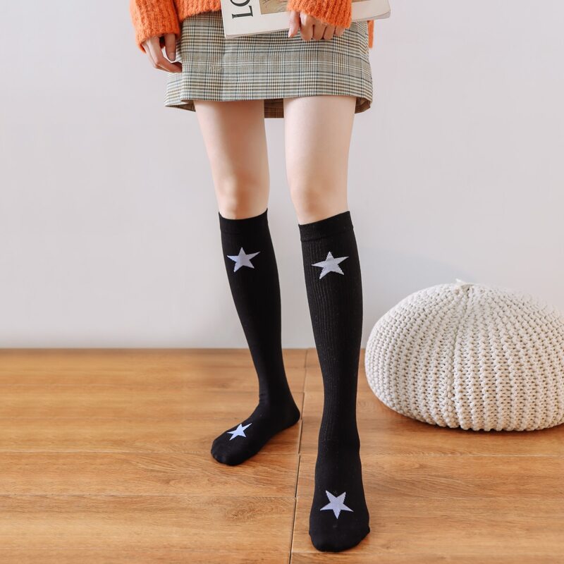 

Star Pattern Knee Length Socks, Black