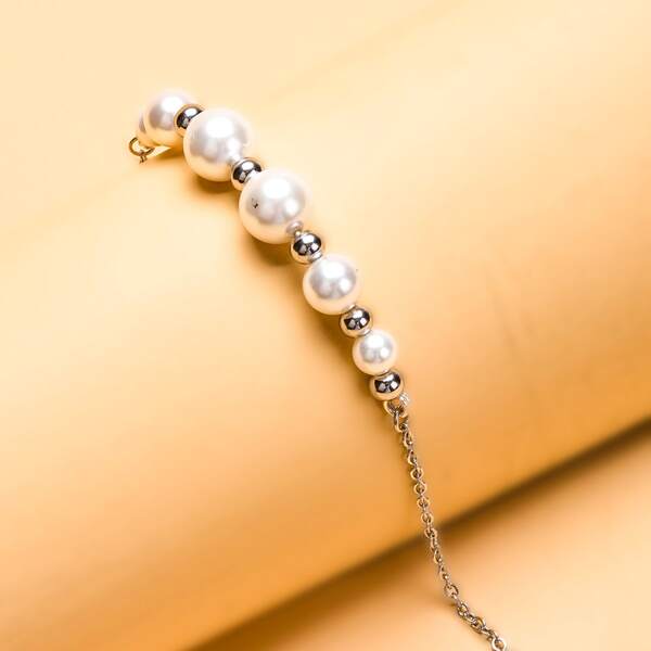 

Faux Pearl Beaded Chain Bracelet, Silver