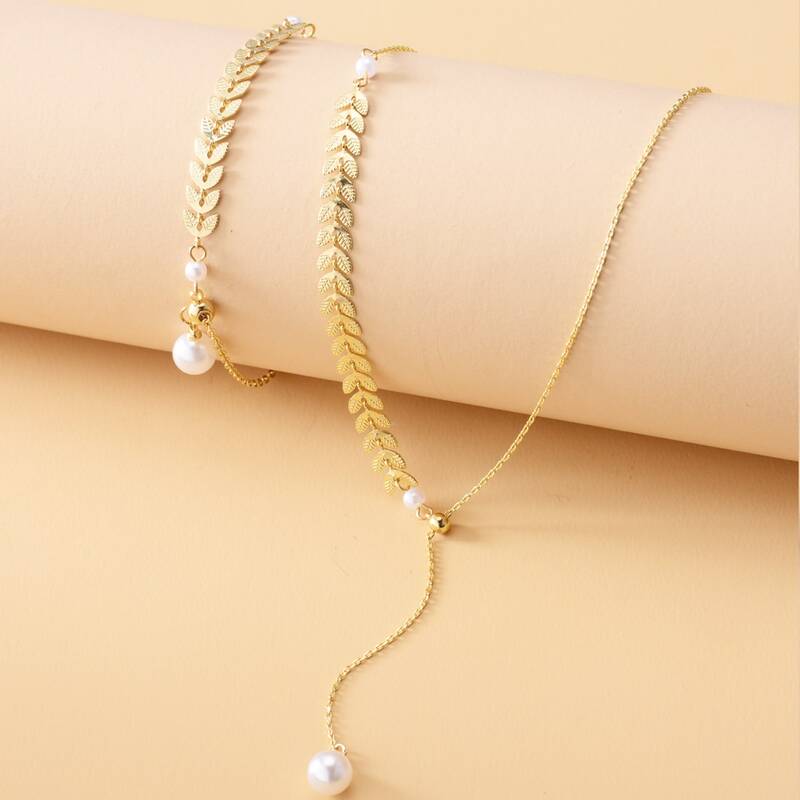 

2pcs Faux Pearl Decor Necklace & Bracelet, Gold