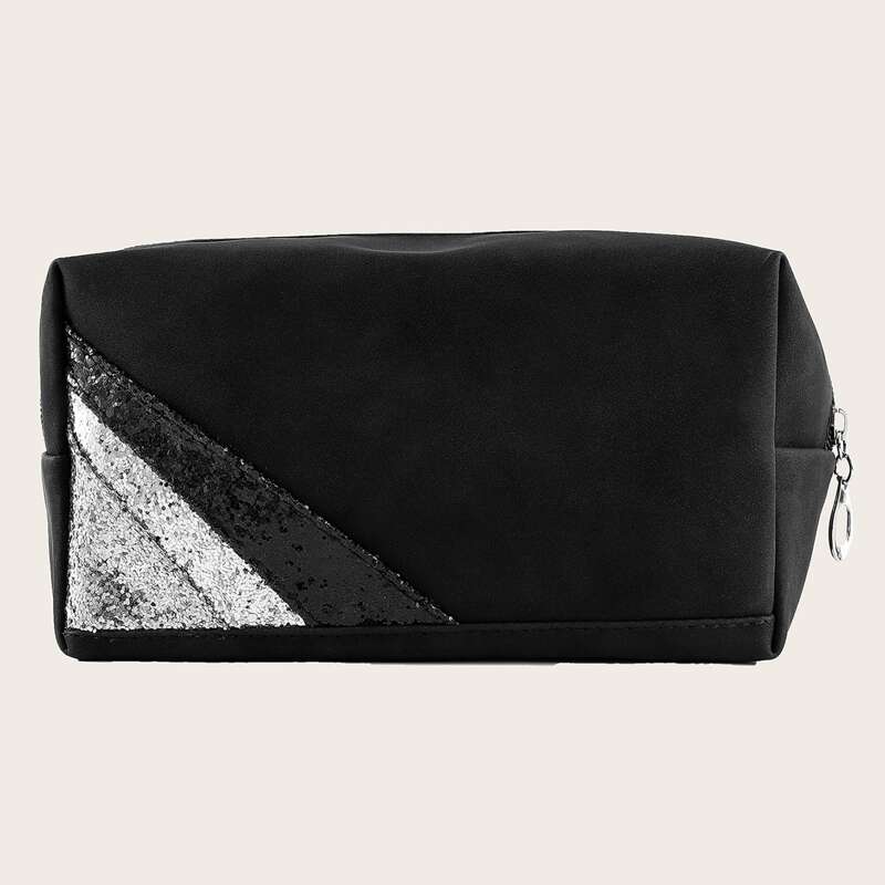 

1pc Sequin Decor Makeup Bag, Black