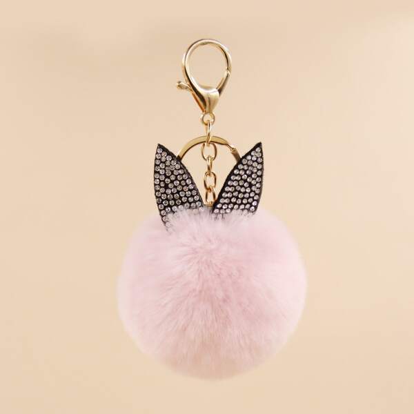 

Hot-fixing Rhinestone Ear Faux Hairball Keychain, Baby pink