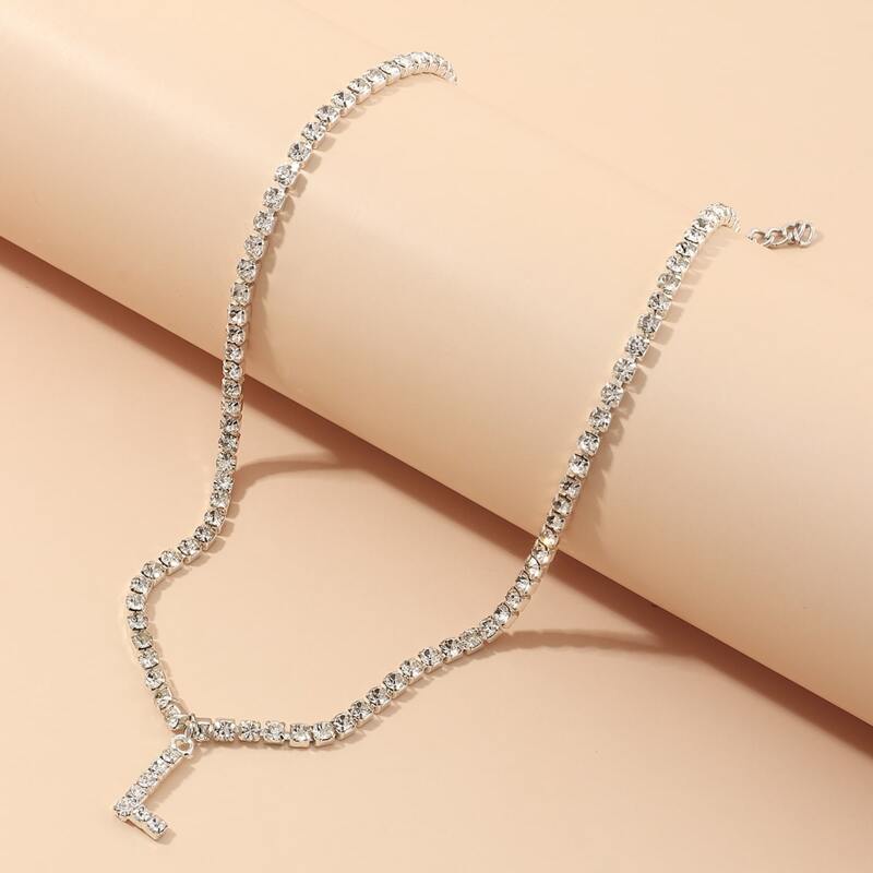 

Rhinestone Decor Letter Charm Necklace, Silver