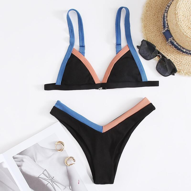 

Contrast Binding Rib Triangle Bikini Swimsuit, Black