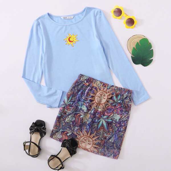 

Girls Graphic Print Top & Tribal Mesh Skirt Set, Multicolor