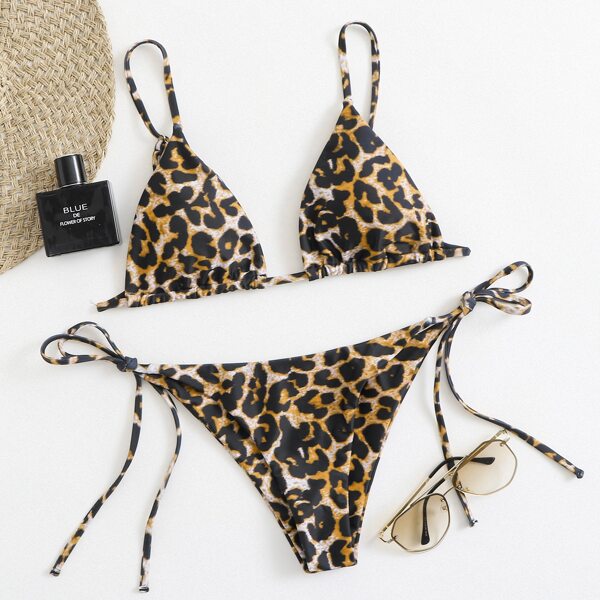

Leopard Triangle Tie Side Bikini Swimsuit, Multicolor