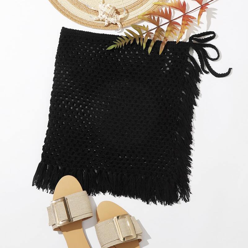 

Crochet Fringe Hem Tie Side Cover Up Skirt, Black