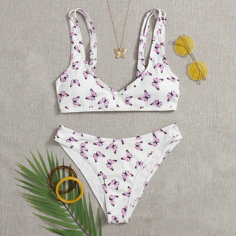 

Butterfly Print Rib Bikini Swimsuit, White