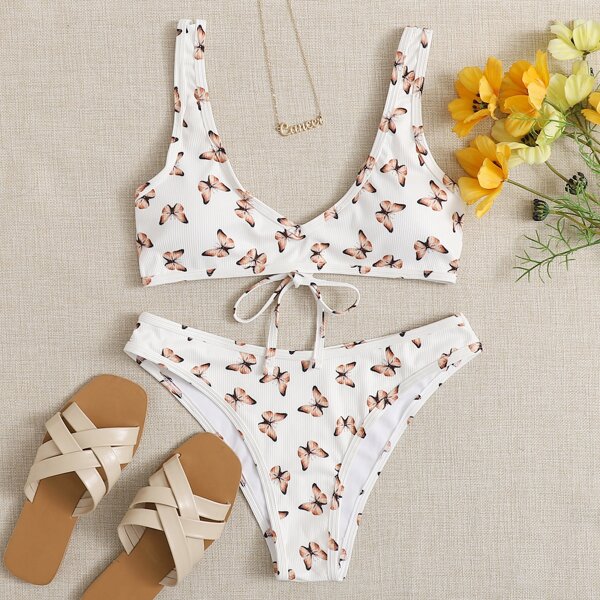 

Butterfly Print Rib Bikini Swimsuit, White