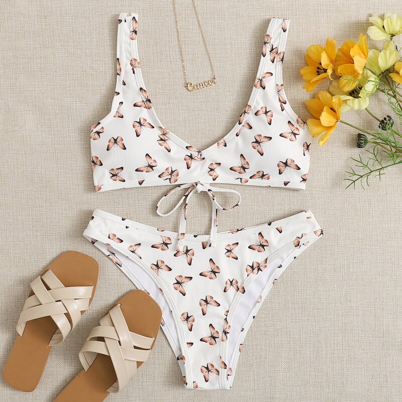

Butterfly Print Rib Bikini Swimsuit, White