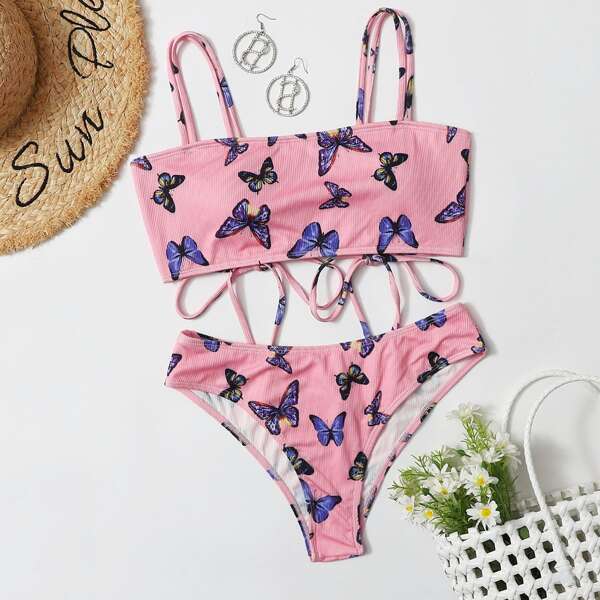 

Butterfly Print Rib Bikini Swimsuit, Baby pink