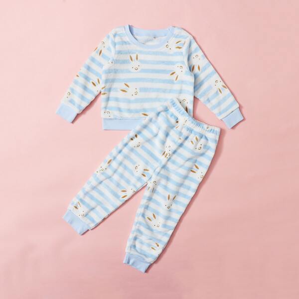 

Toddler Girls Flannel Rabbit And Stripe Print PJ Set, Blue and white