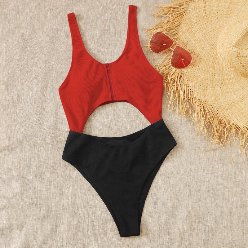 

Color Block Cut-out Zip Front One Piece Swimsuit, Multicolor