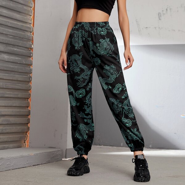 

Floral & Dragon Print Sweatpants, Black
