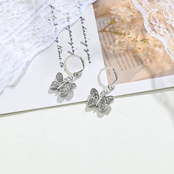 

Rhinestone Decor Butterfly Drop Earrings, Silver
