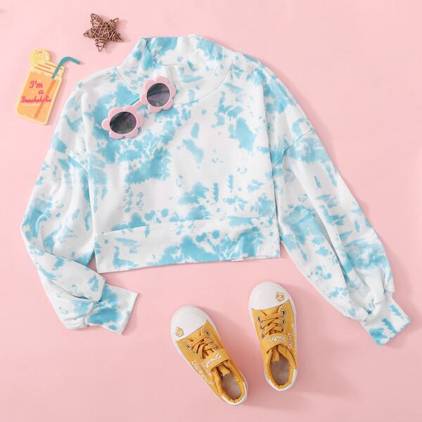 

Girls High Neck Drop Shoulder Tie Dye Pullover, Multicolor